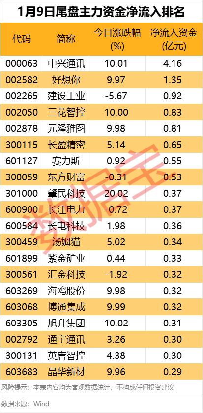 主力资金丨资金出逃CPO龙头，尾盘抢筹2股